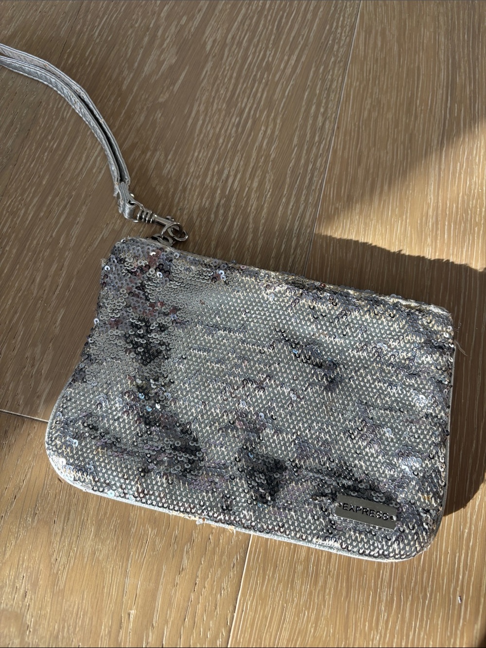 Express Iridescent Silver Sequin Wristlet Clutch